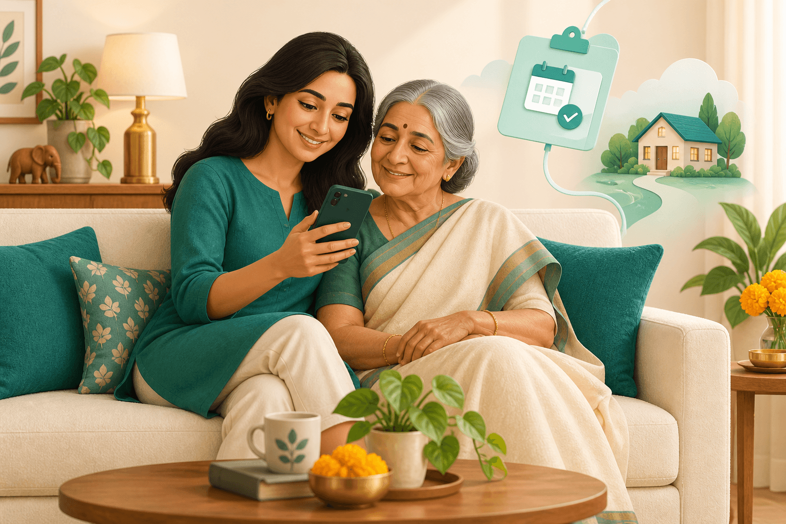 Illustration of a woman booking a test on her phone at home with her parents.