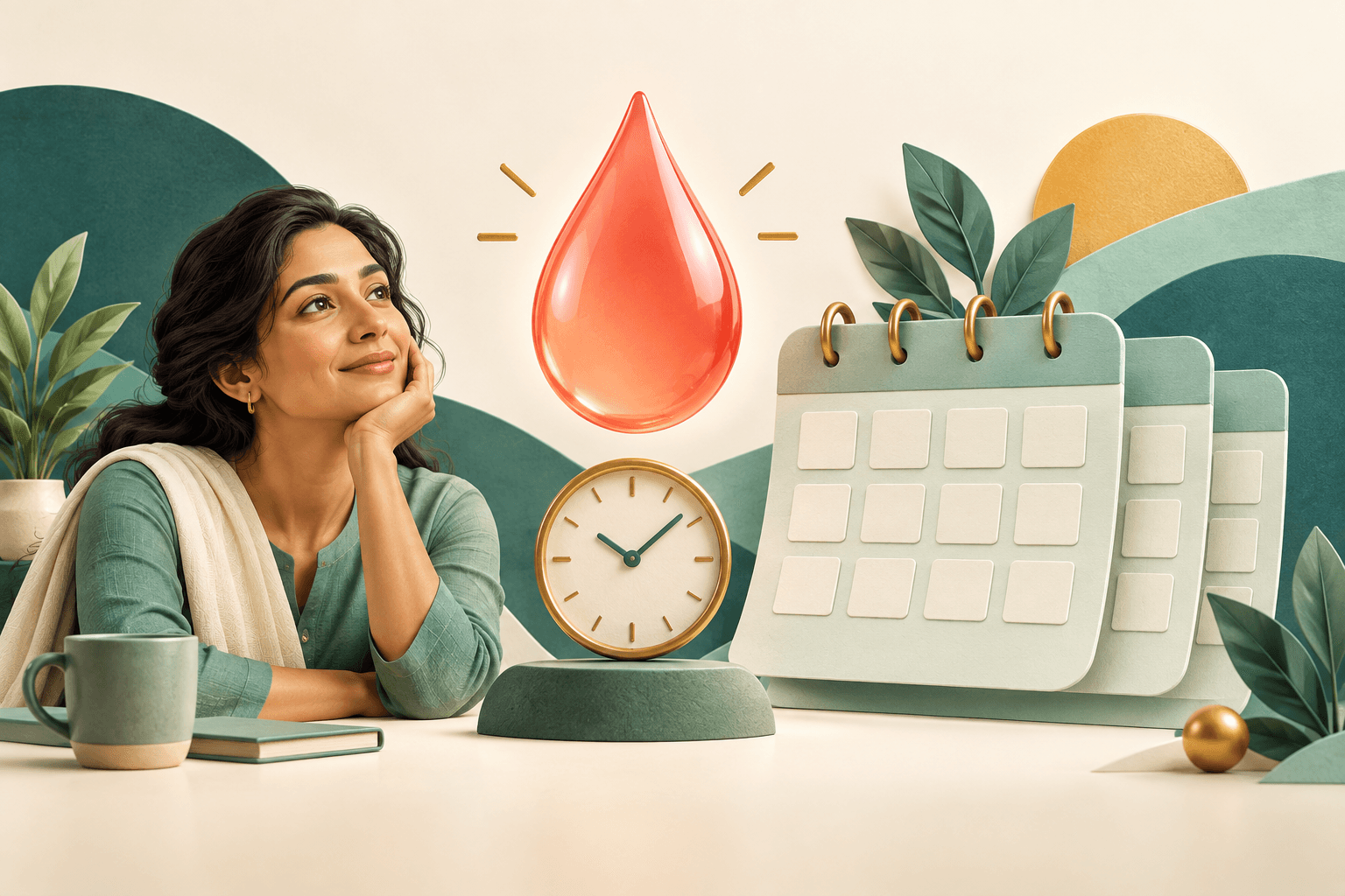 Conceptual illustration of a droplet, clock and calendar representing different periods of glucose measurement.