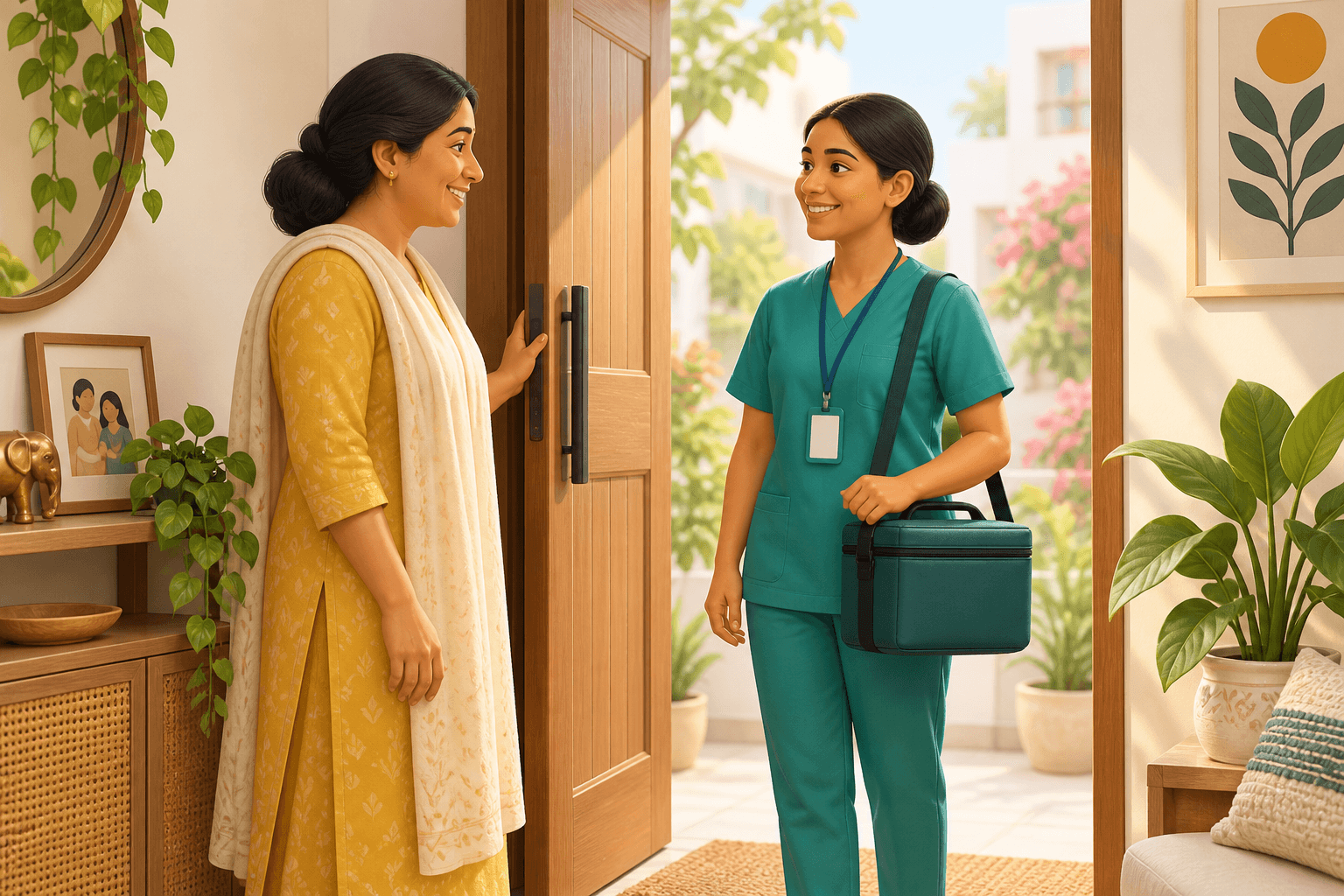 Illustration of a patient welcoming a healthcare collection professional carrying a bag at home.