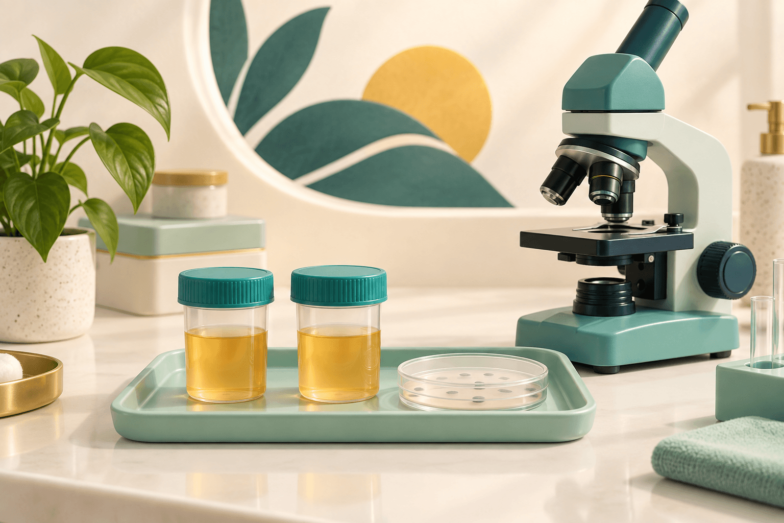 Illustration of closed sample containers, a microscope and a sealed culture dish.